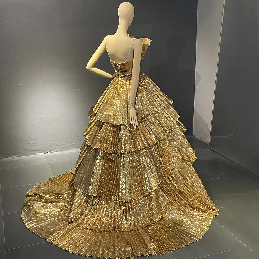 Luxury Gold Ruffles Scalloped Evening Dress SS567