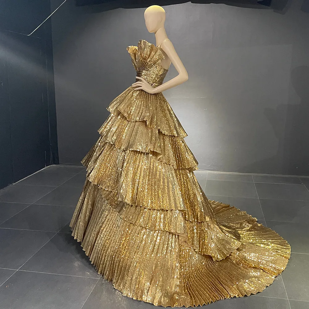 Luxury Gold Ruffles Scalloped Evening Dress SS567