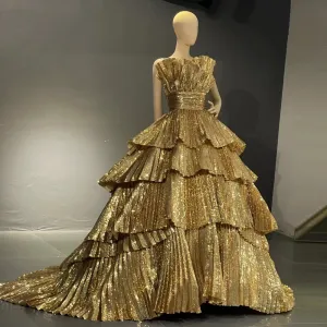 Luxury Gold Ruffles Scalloped Evening Dress SS567