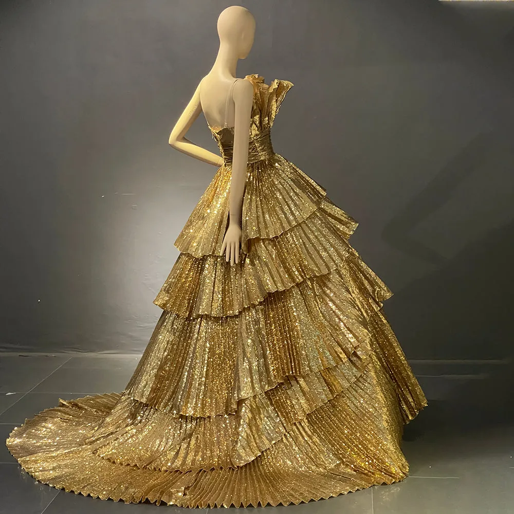 Luxury Gold Ruffles Scalloped Evening Dress SS567