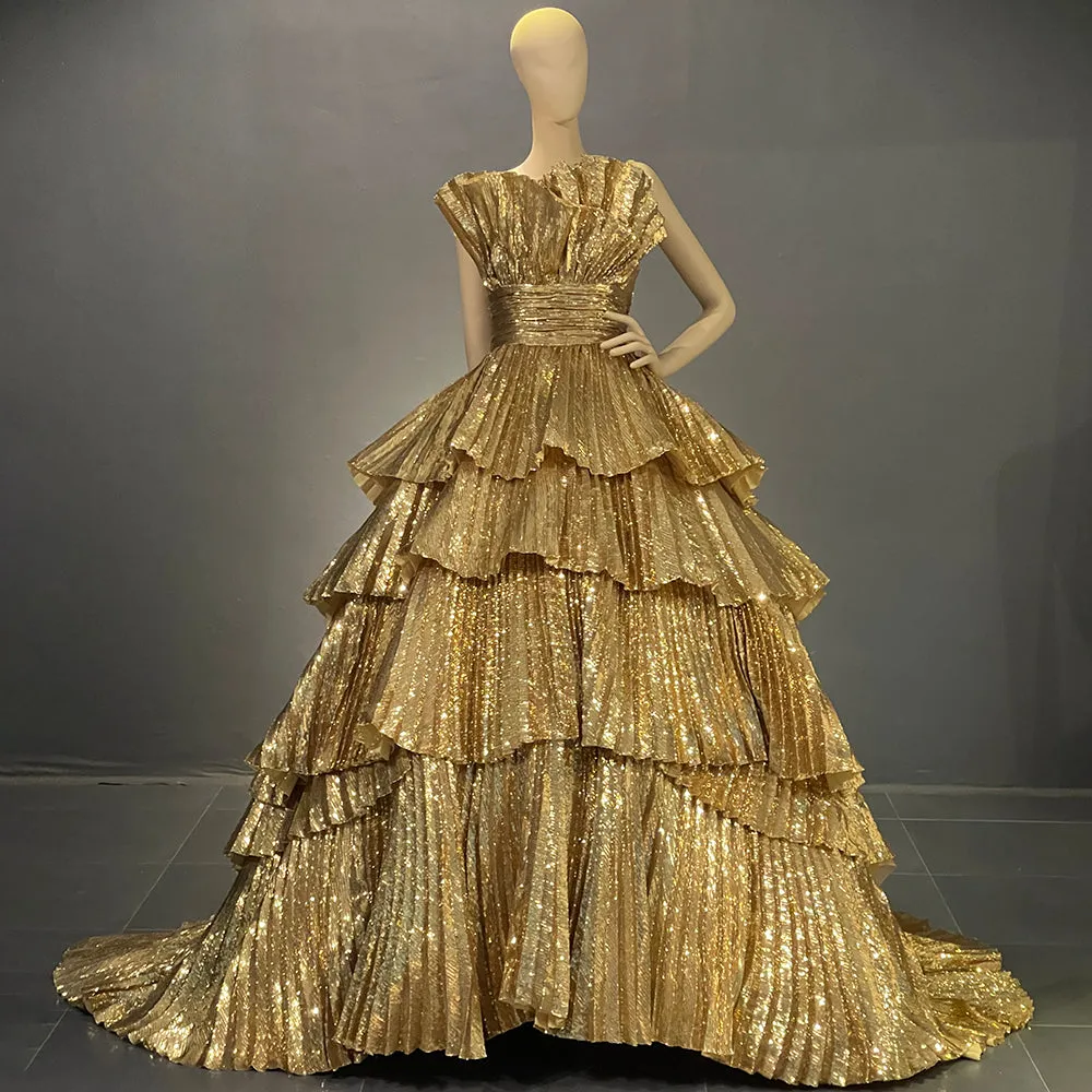 Luxury Gold Ruffles Scalloped Evening Dress SS567