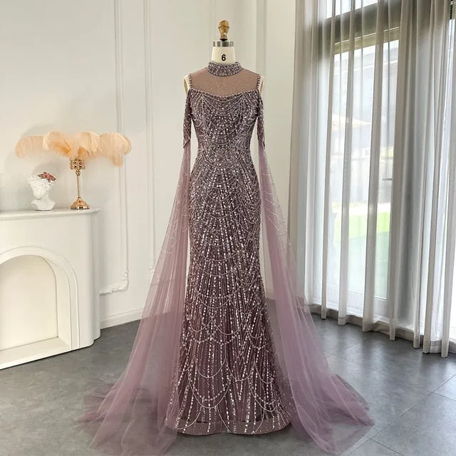 Luxury Sage Green Evening Dress with Cape Sleeves SS205