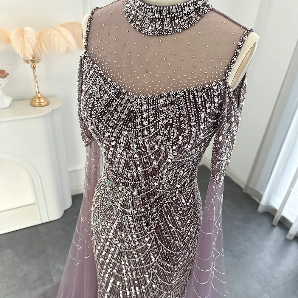Luxury Sage Green Evening Dress with Cape Sleeves SS205