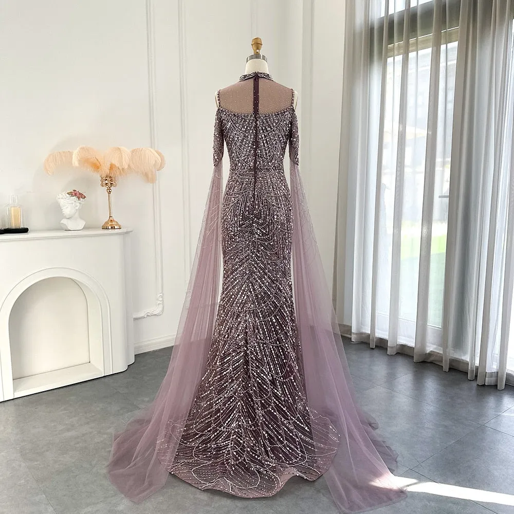 Luxury Sage Green Evening Dress with Cape Sleeves SS205