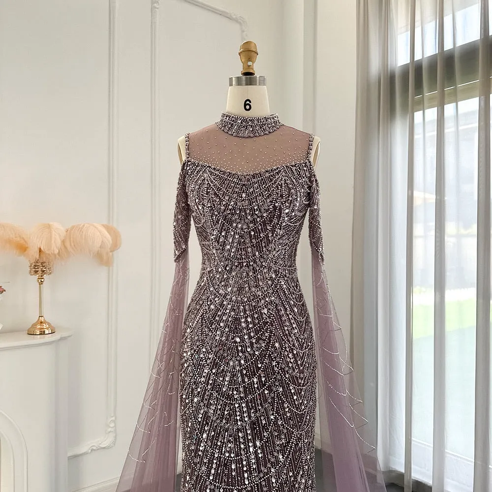 Luxury Sage Green Evening Dress with Cape Sleeves SS205