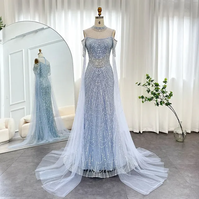 Luxury Sage Green Evening Dress with Cape Sleeves SS205
