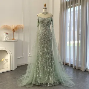 Luxury Sage Green Evening Dress with Cape Sleeves SS205