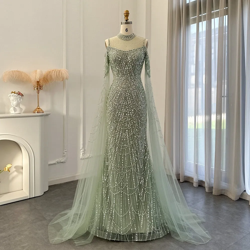 Luxury Sage Green Evening Dress with Cape Sleeves SS205