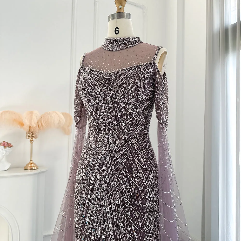 Luxury Sage Green Evening Dress with Cape Sleeves SS205