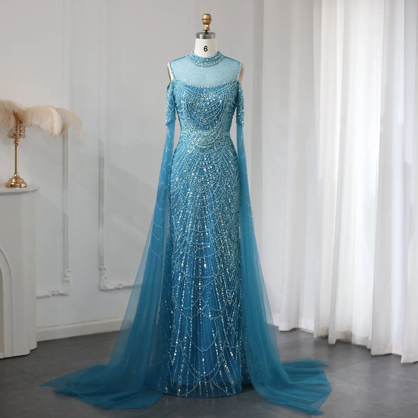 Luxury Sage Green Evening Dress with Cape Sleeves SS205