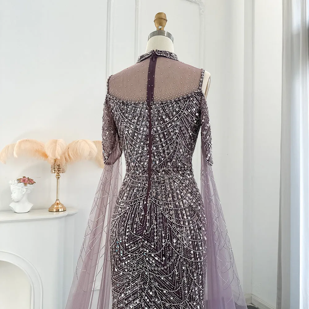 Luxury Sage Green Evening Dress with Cape Sleeves SS205