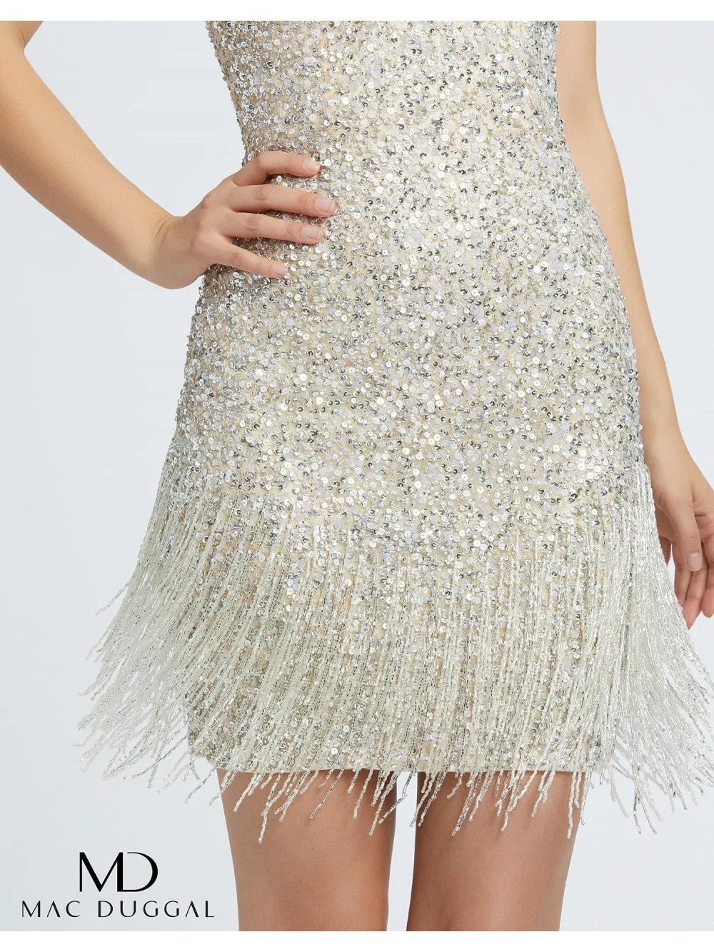 Mac Duggal 4971 Size  4 Short Fitted Sequin V Neck Cocktail Dress Fringe Beaded Tassel