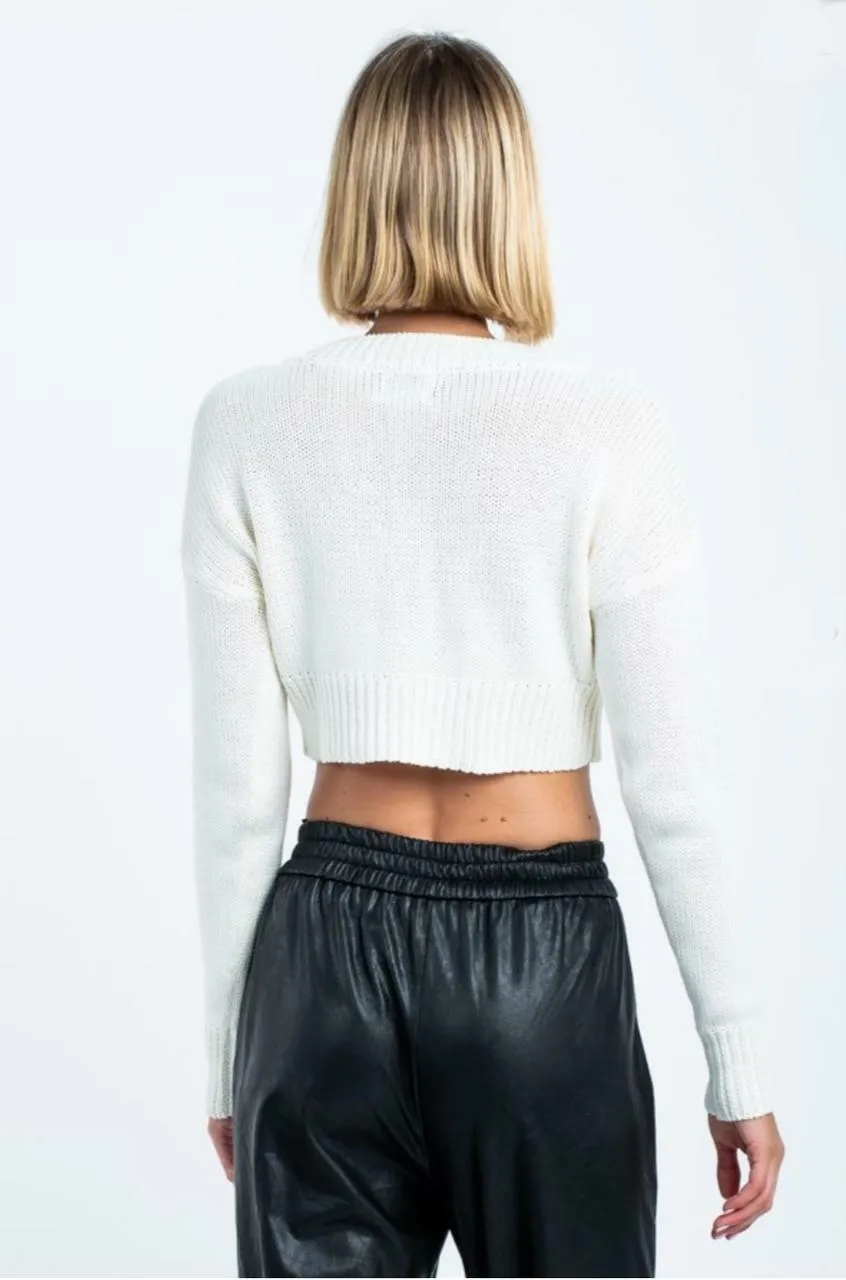 Melanie White Knit Button-Up Cropped Cardigan