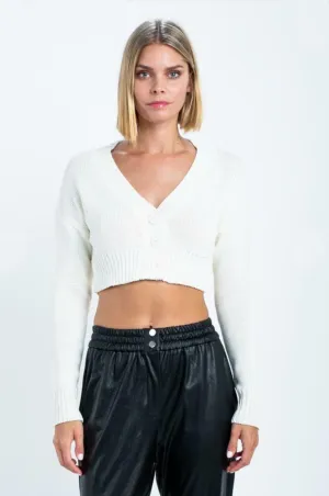 Melanie White Knit Button-Up Cropped Cardigan