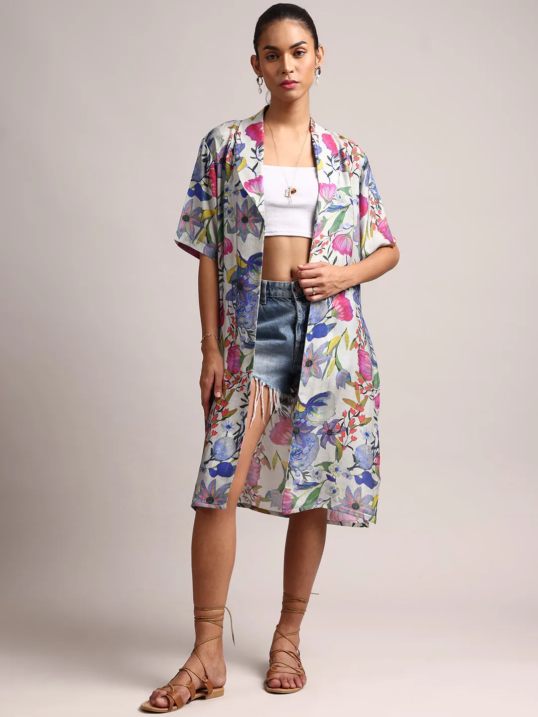 Multicolor Muslin Tropical Regular Shrug