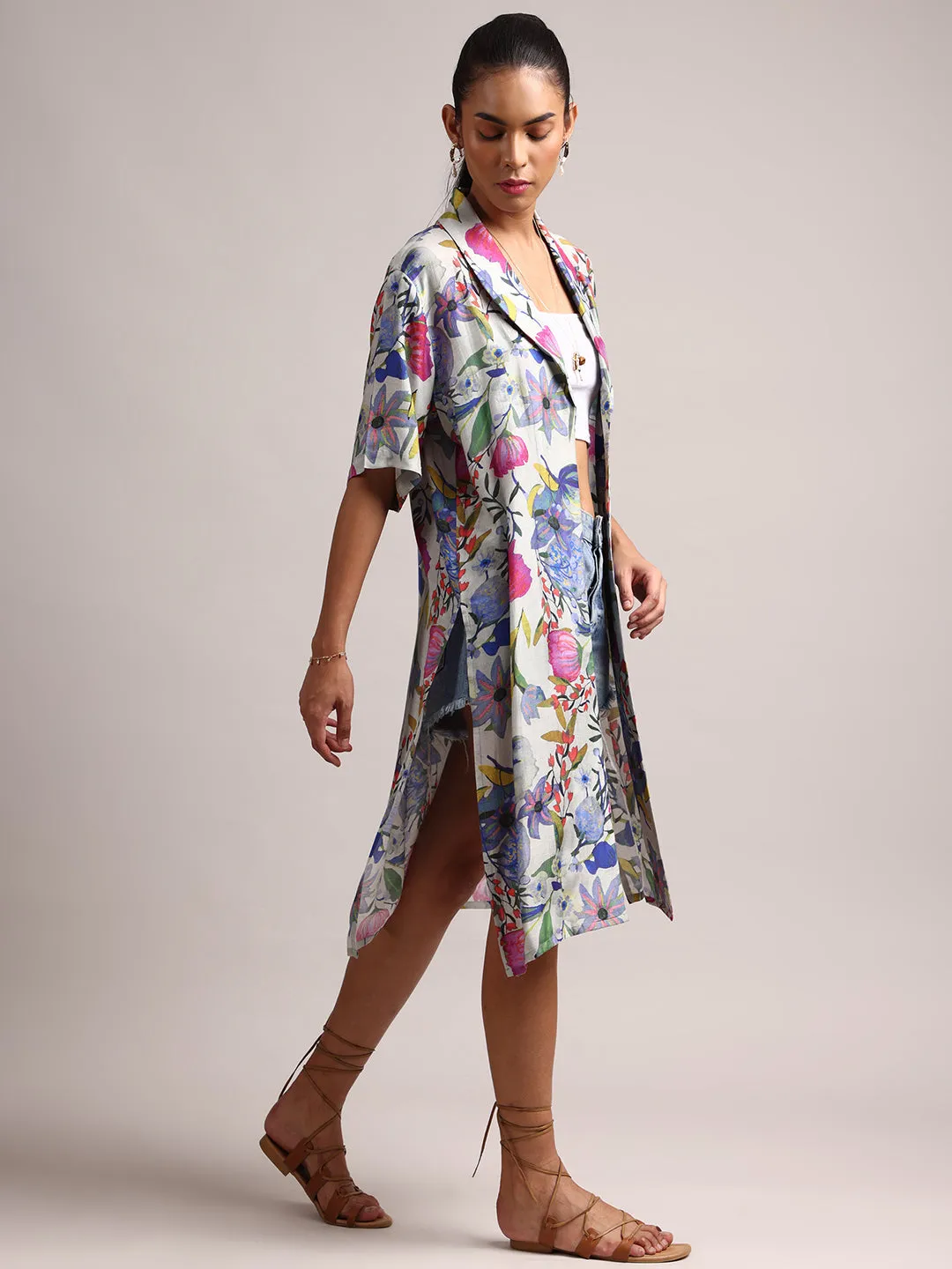 Multicolor Muslin Tropical Regular Shrug