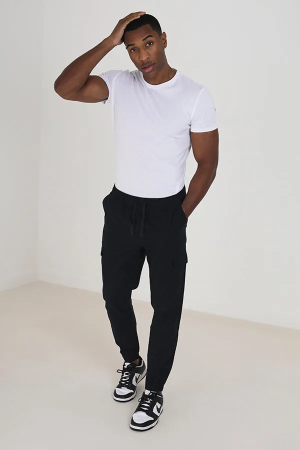 NAVY POCKET DETAIL COTTON/LINEN CARGO TROUSERS