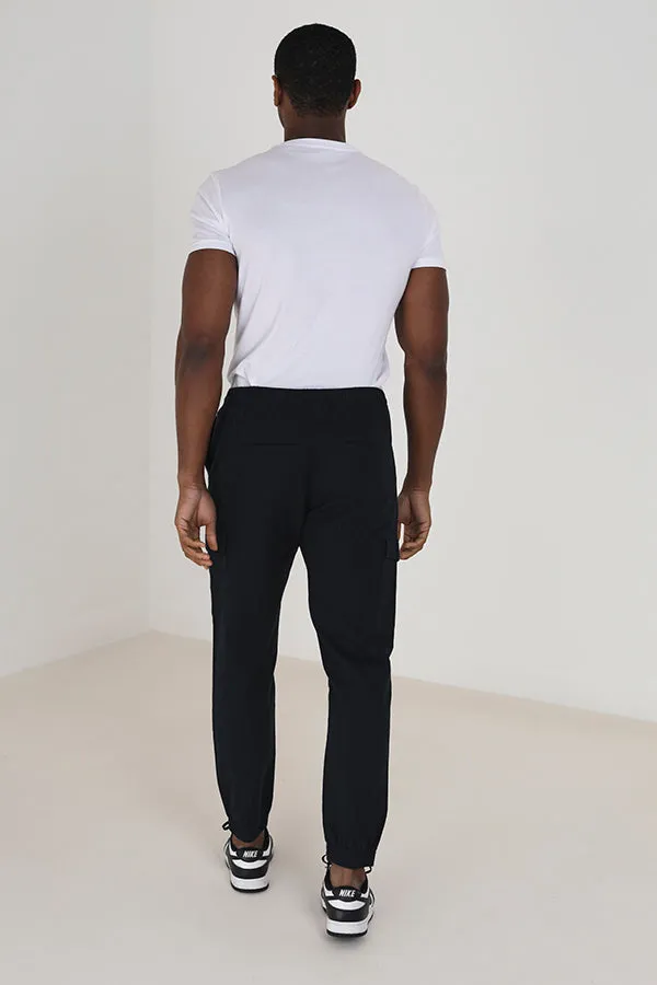 NAVY POCKET DETAIL COTTON/LINEN CARGO TROUSERS