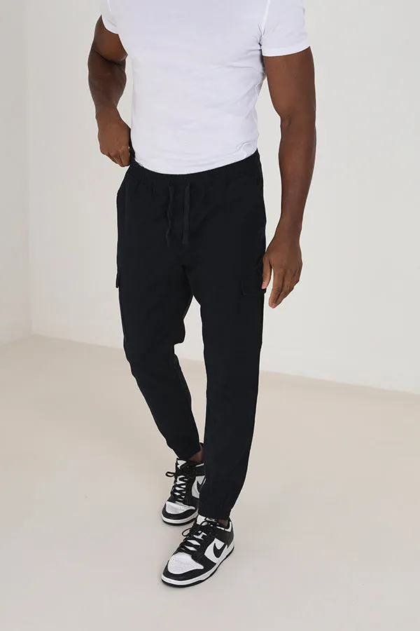 NAVY POCKET DETAIL COTTON/LINEN CARGO TROUSERS