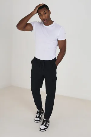 NAVY POCKET DETAIL COTTON/LINEN CARGO TROUSERS