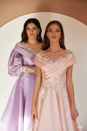 Off Shoulder Pleated Satin Formal Dress with Removable Sleeves