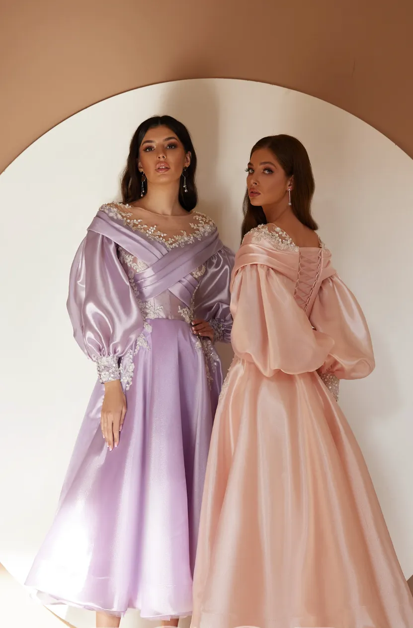 Off Shoulder Pleated Satin Formal Dress with Removable Sleeves