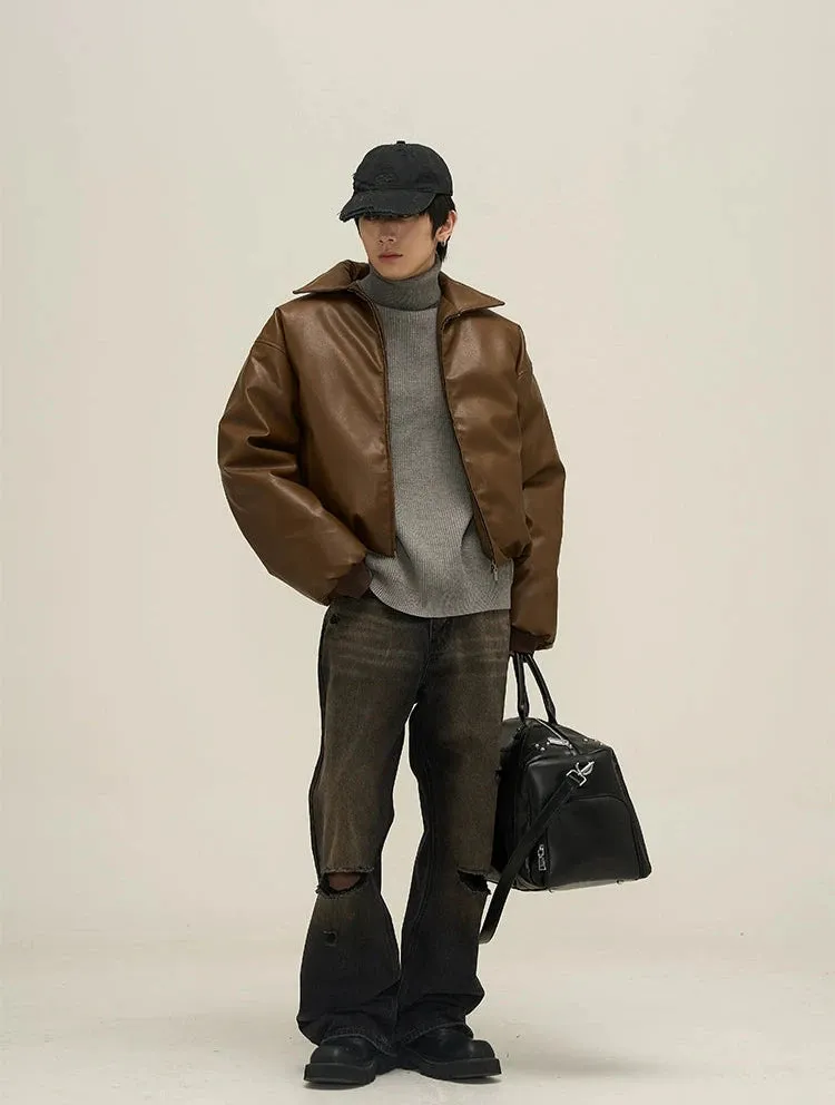 Oversized Faux Leather Puffer Jacket with Wide Collar