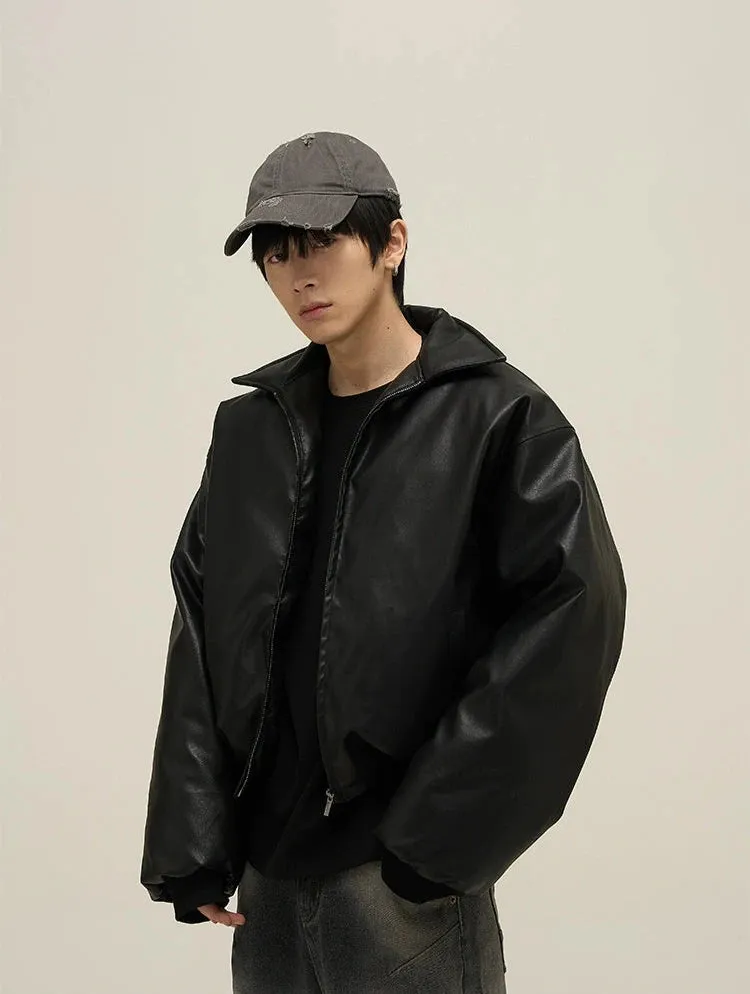 Oversized Faux Leather Puffer Jacket with Wide Collar