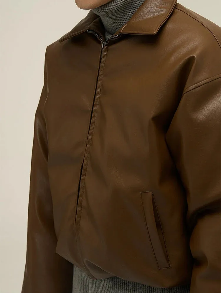 Oversized Faux Leather Puffer Jacket with Wide Collar