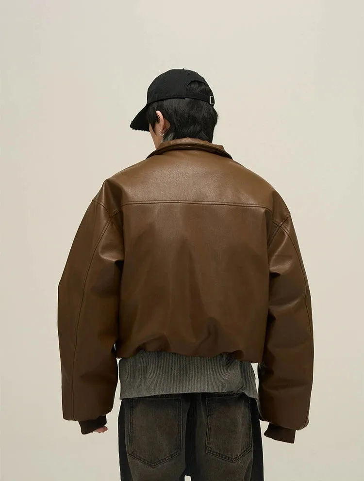 Oversized Faux Leather Puffer Jacket with Wide Collar