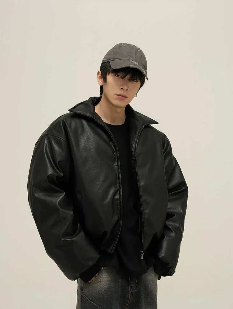 Oversized Faux Leather Puffer Jacket with Wide Collar