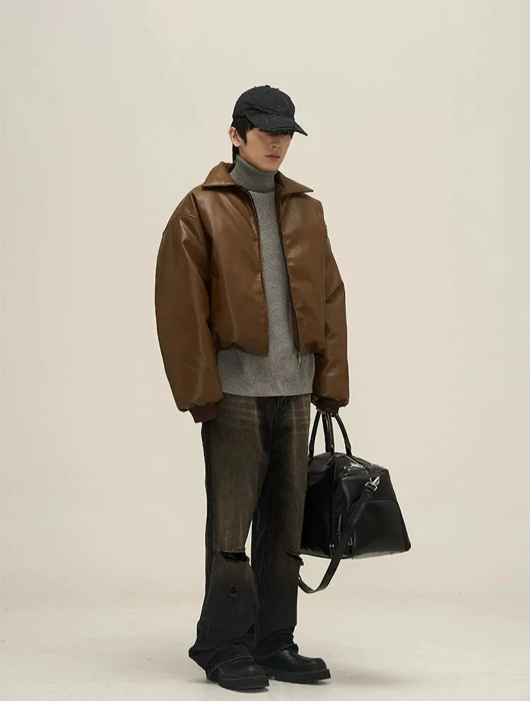 Oversized Faux Leather Puffer Jacket with Wide Collar
