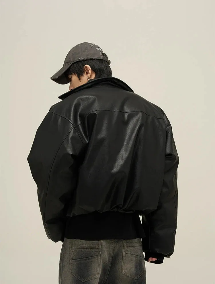 Oversized Faux Leather Puffer Jacket with Wide Collar