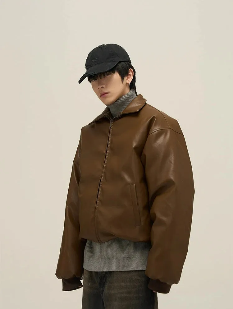 Oversized Faux Leather Puffer Jacket with Wide Collar