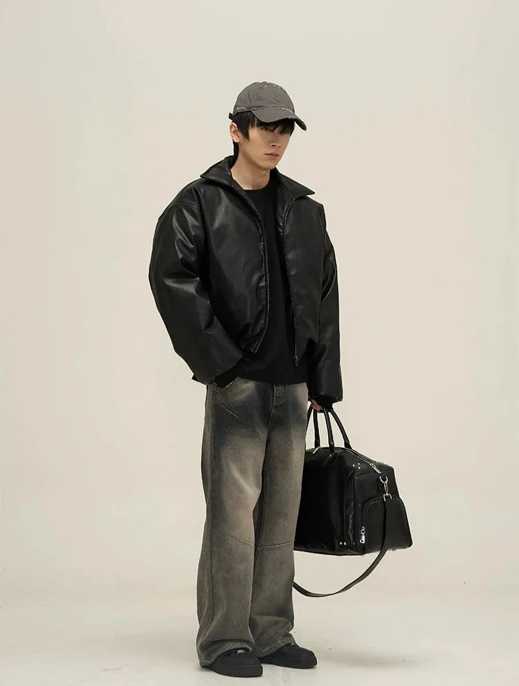 Oversized Faux Leather Puffer Jacket with Wide Collar