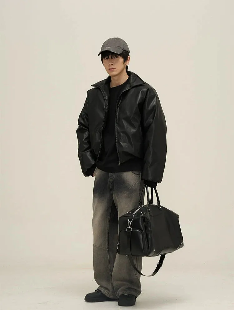 Oversized Faux Leather Puffer Jacket with Wide Collar