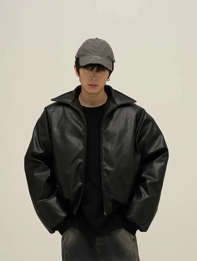 Oversized Faux Leather Puffer Jacket with Wide Collar