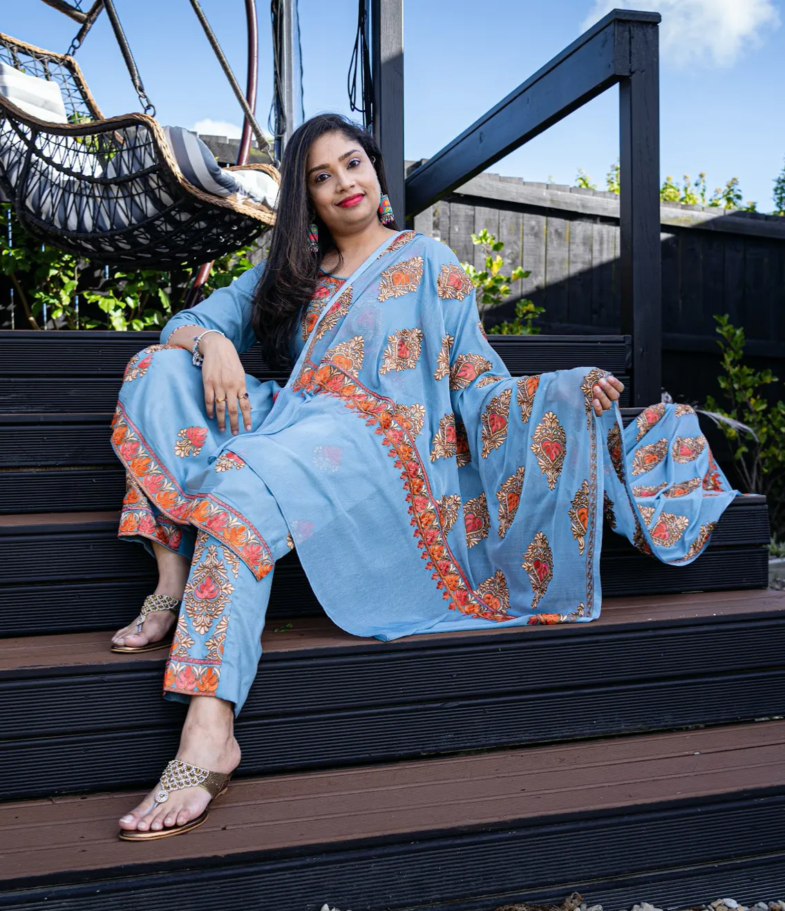 Pigeon Gray Embroidered Aari Work Kurta Pant Set-Rayon