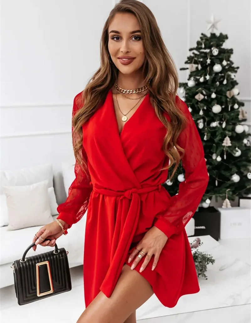 Plain V Neck Long Sleeve Belted Lace Short A Line Dresses