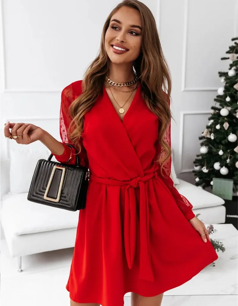 Plain V Neck Long Sleeve Belted Lace Short A Line Dresses