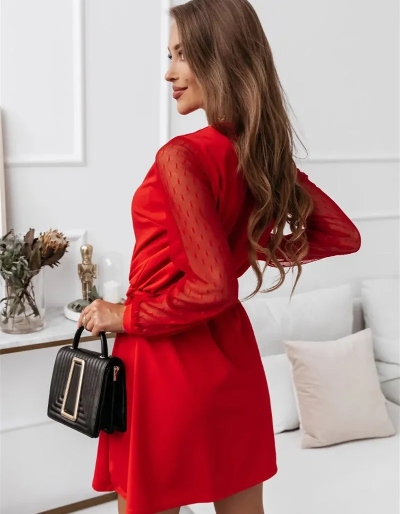 Plain V Neck Long Sleeve Belted Lace Short A Line Dresses