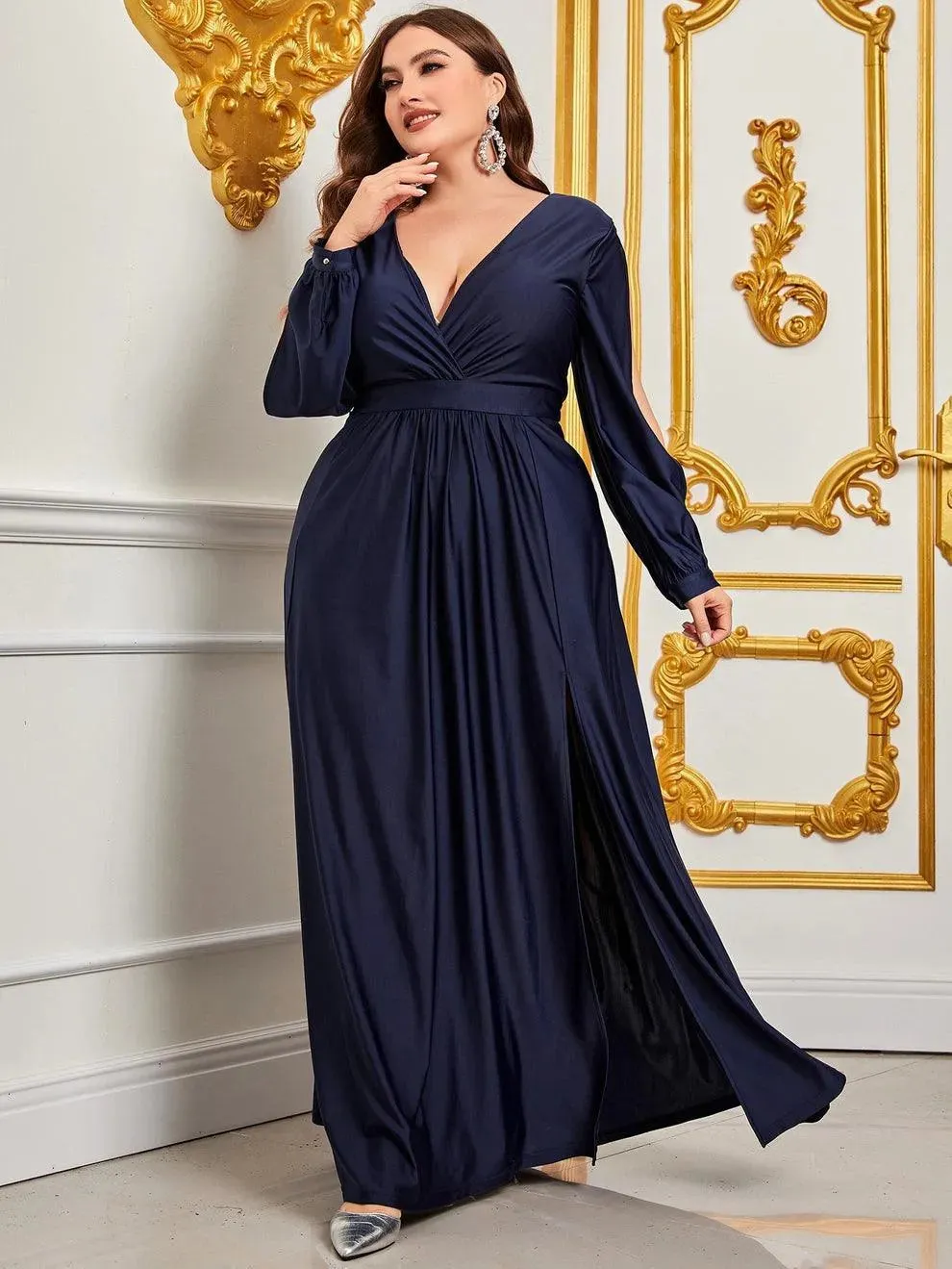 Plus Plunging Neck Lantern Sleeve High Slit Dress