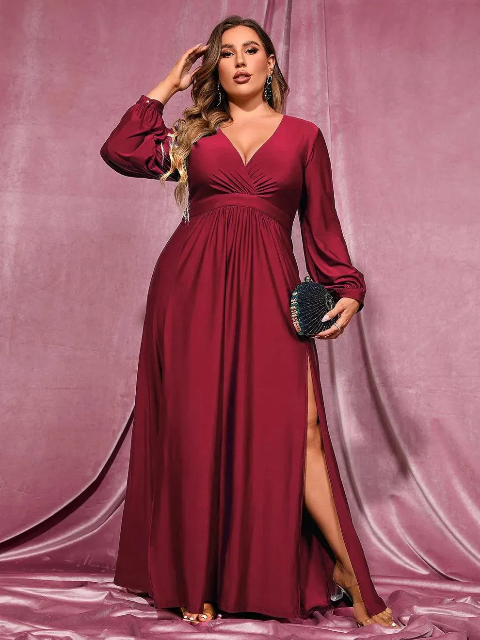 Plus Plunging Neck Lantern Sleeve High Slit Dress