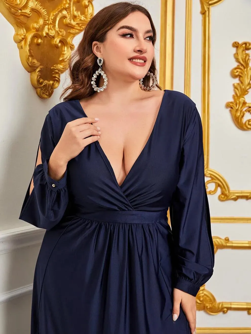 Plus Plunging Neck Lantern Sleeve High Slit Dress