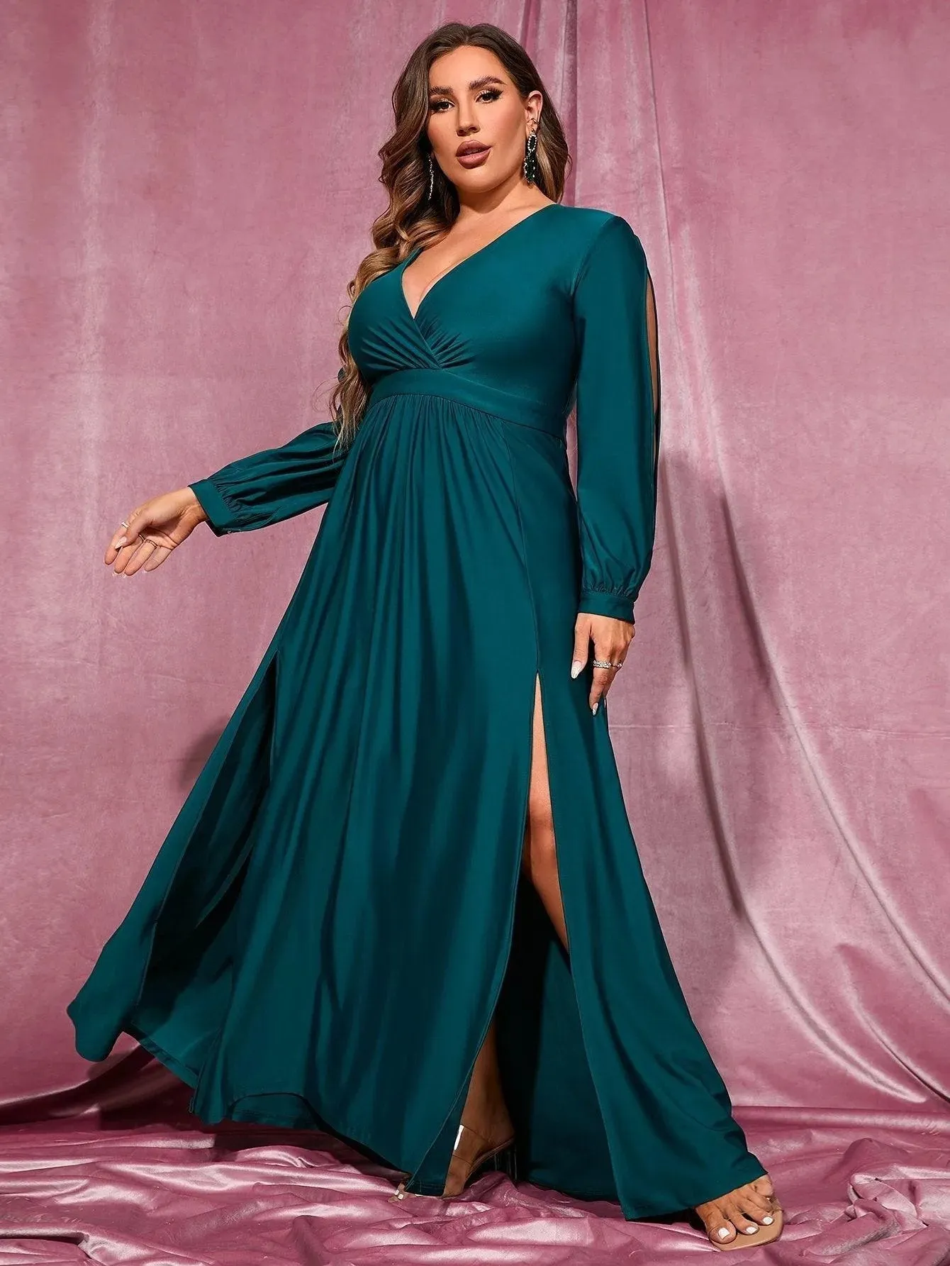 Plus Plunging Neck Lantern Sleeve High Slit Dress
