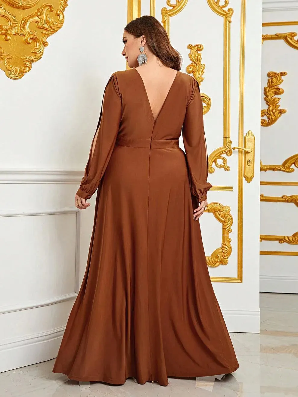 Plus Plunging Neck Lantern Sleeve High Slit Dress