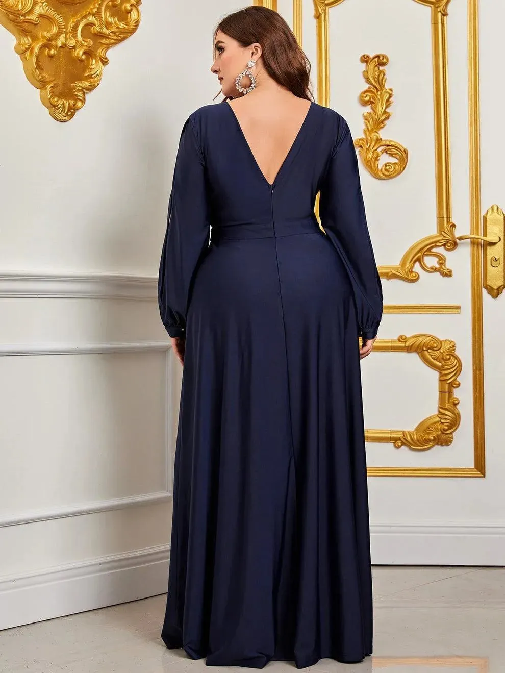 Plus Plunging Neck Lantern Sleeve High Slit Dress
