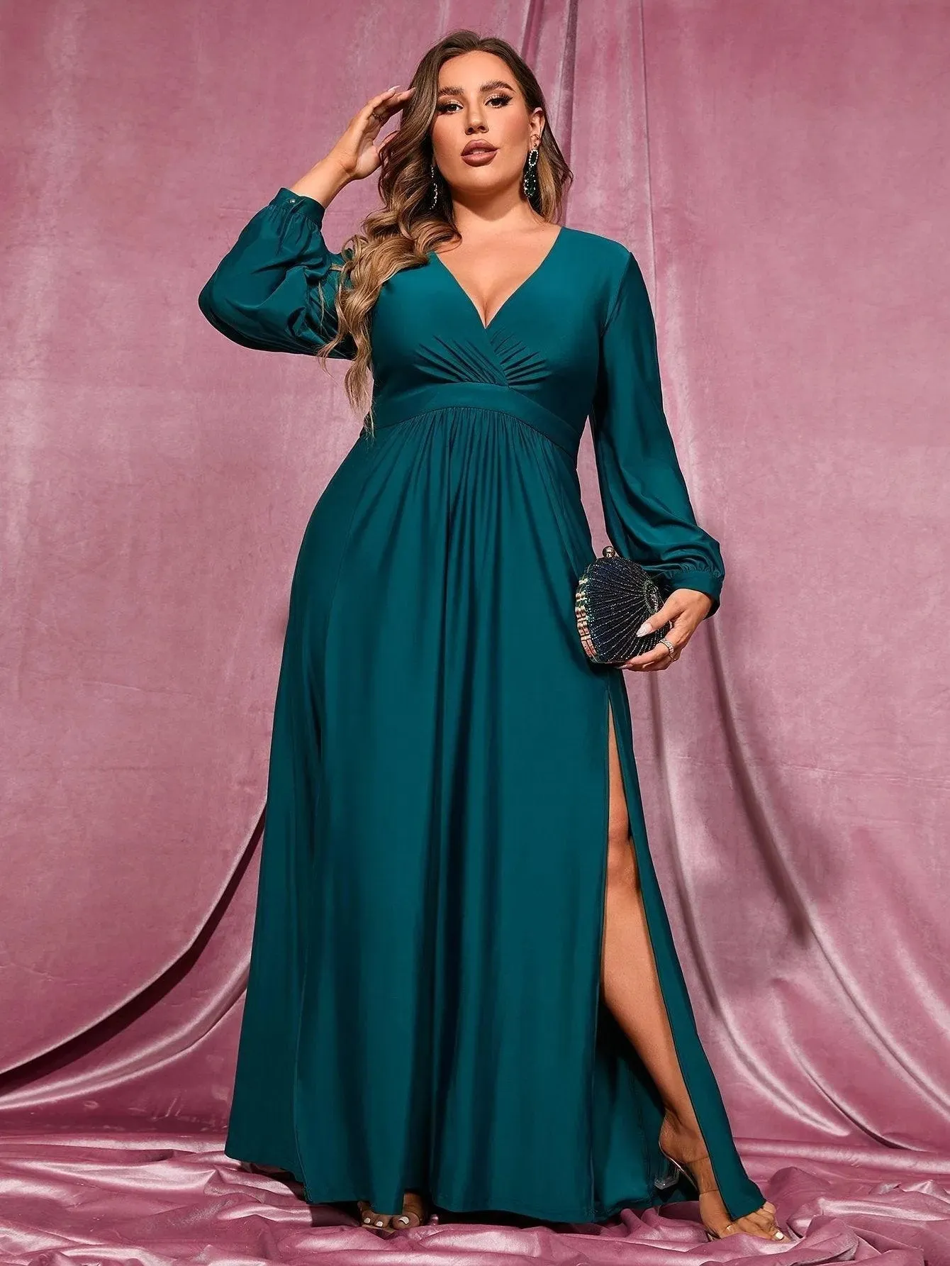 Plus Plunging Neck Lantern Sleeve High Slit Dress