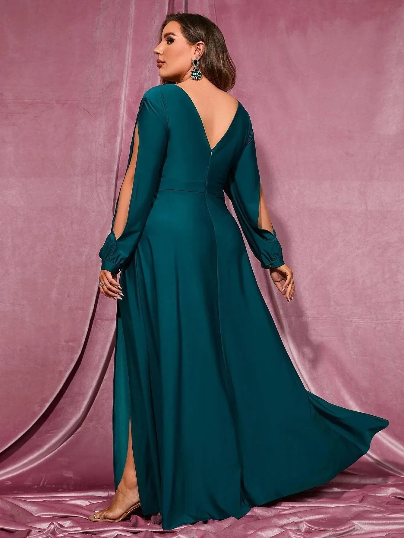 Plus Plunging Neck Lantern Sleeve High Slit Dress