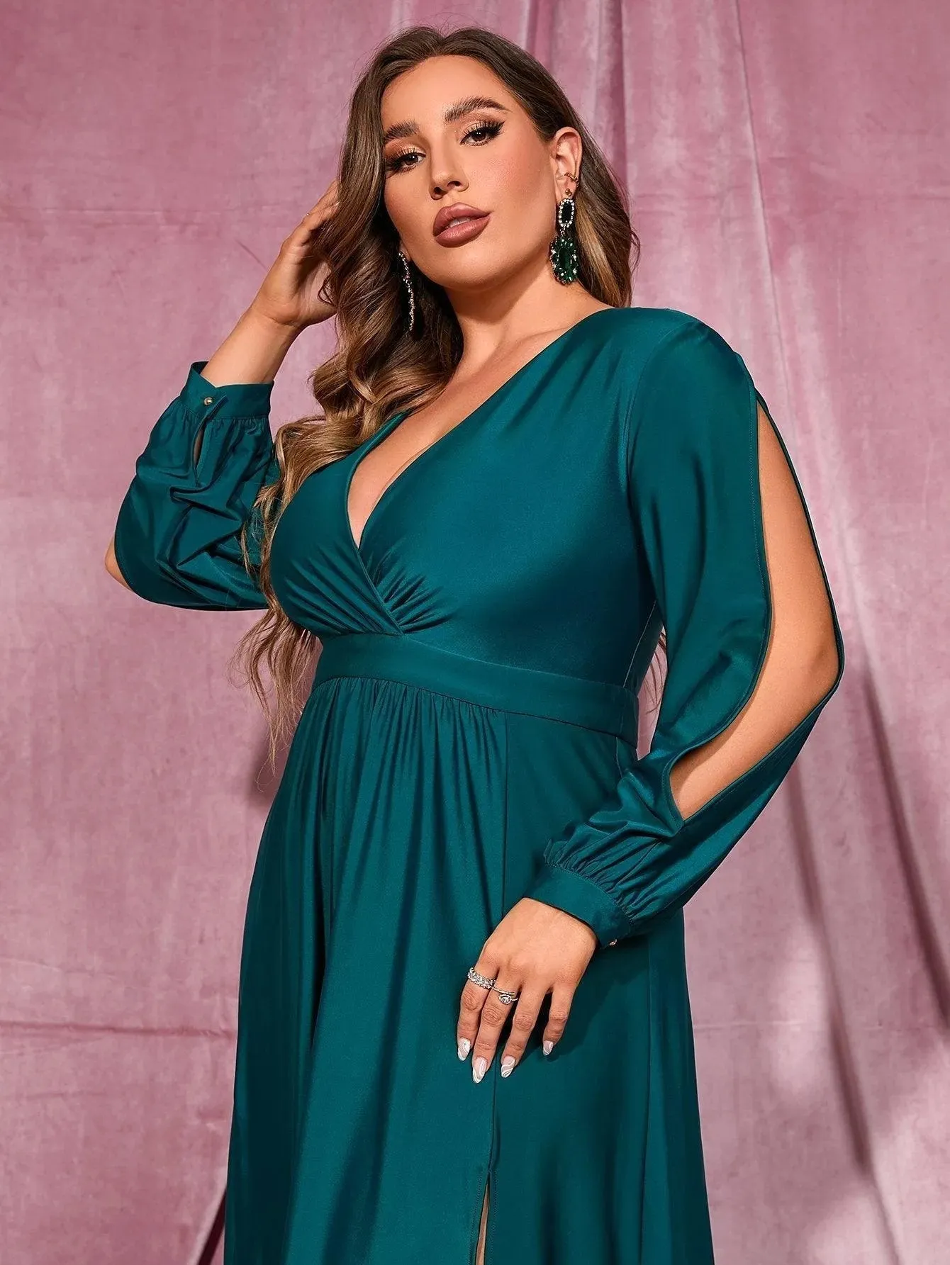 Plus Plunging Neck Lantern Sleeve High Slit Dress